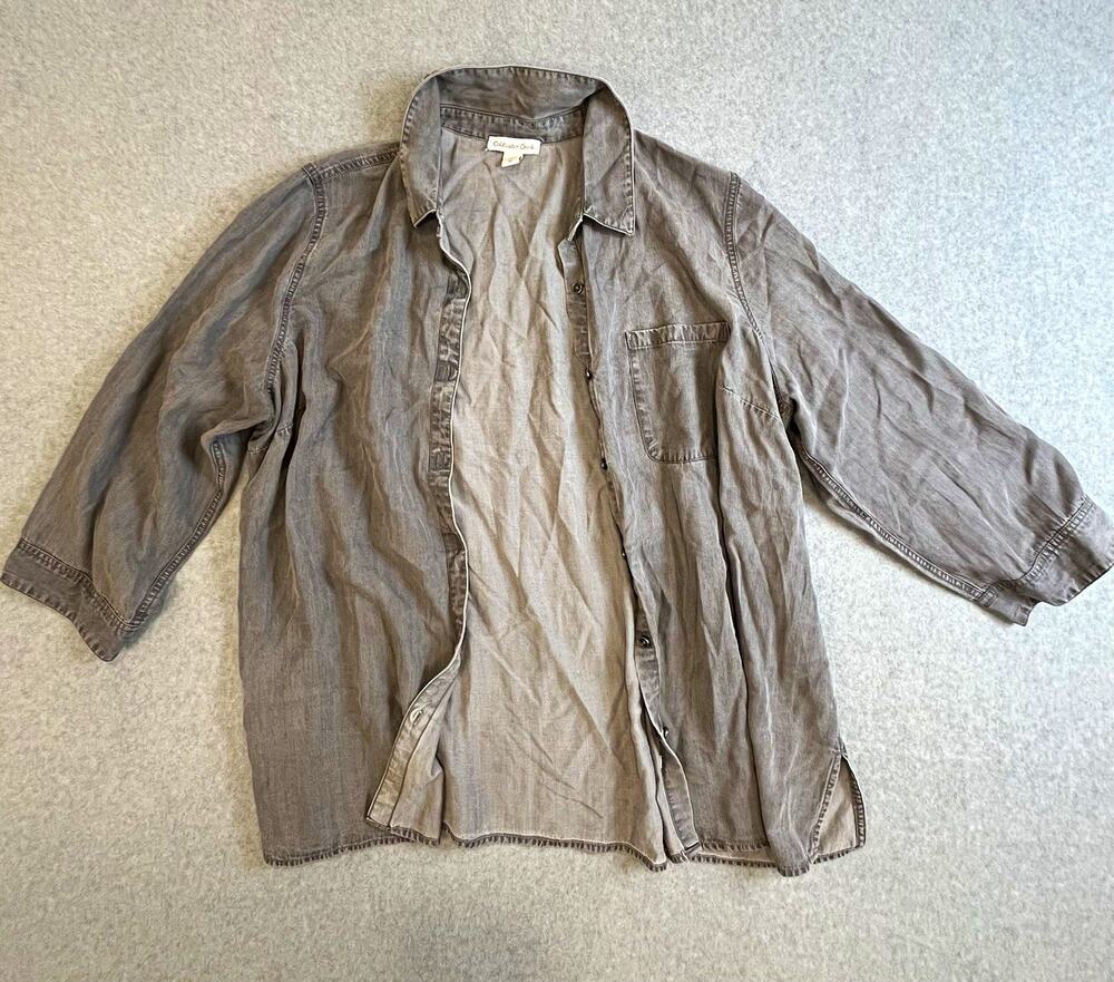 Coldwater Creek Womens Gray Solid Collared Lyocell Button-Up Shirt Sz 2X